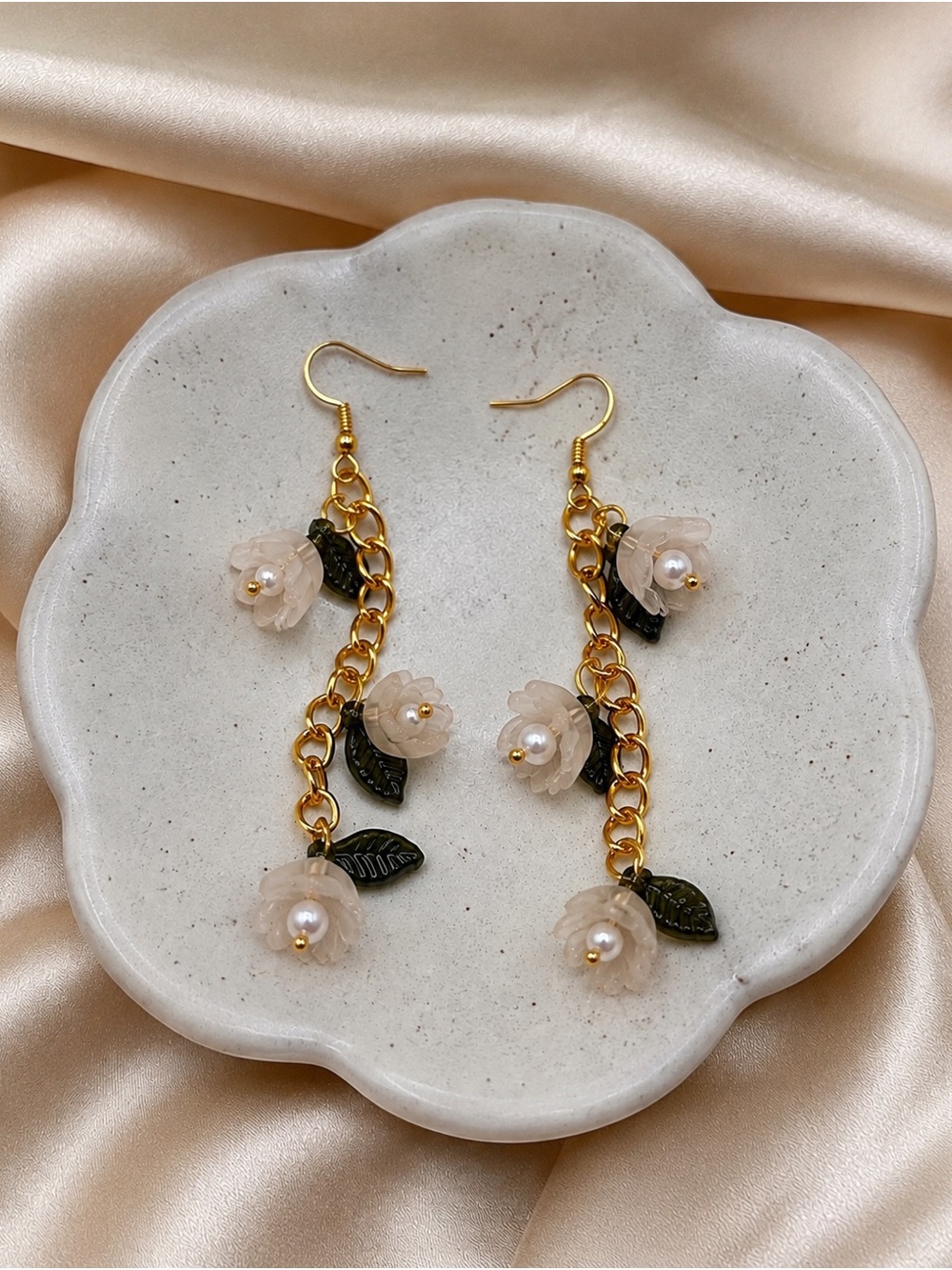 Gold Chain Drop Earrings with Blush Flower and Black Leaf Accents